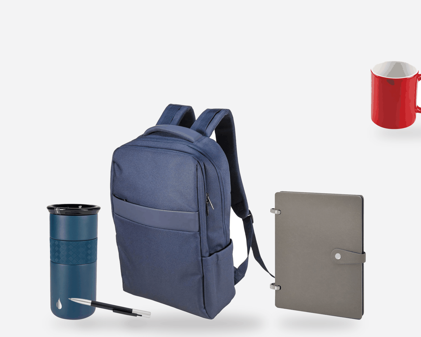 Kit corporativo personalizado: mochila, termo, libreta, bolígrafo y taza promocionales