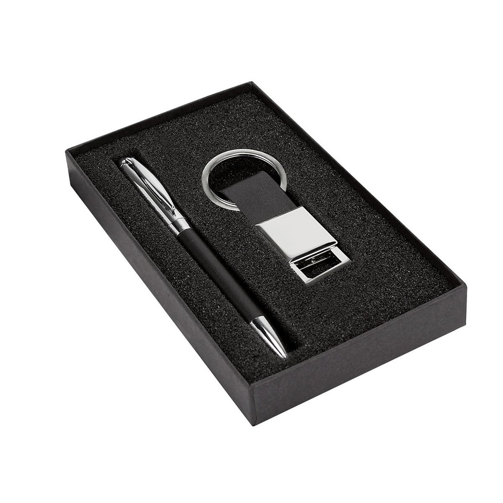 Set de bolígrafo y llavero promocional de curpiel y metal con caja de regalo – BT-ARO-0001