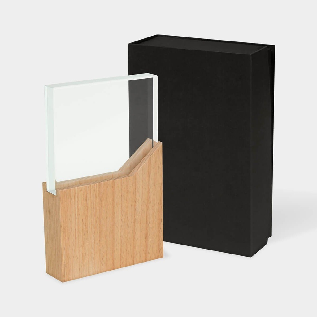 Trofeo promocional de vidrio y madera con caja de regalo imantada – BT-ARO-0052