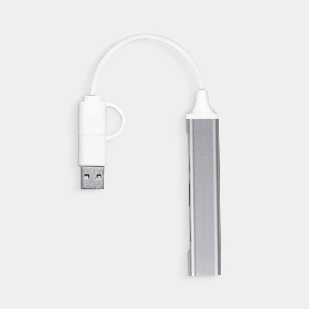 Adaptador USB promocional de aluminio 9.6 x 1.7 cm con entradas USB y tipo C – BT-ACC-0004
