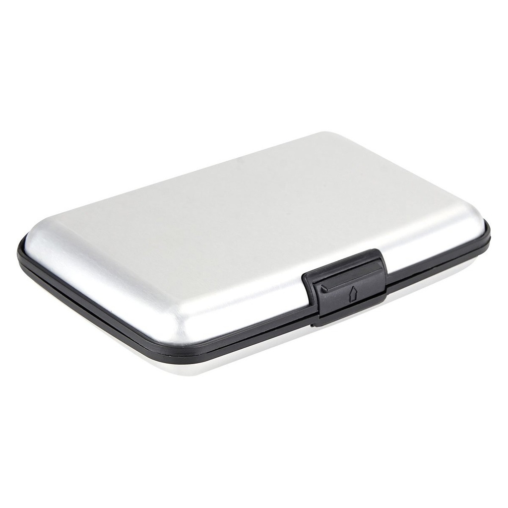Porta tarjetas promocional de plástico y aluminio 10.5 x 7 cm con protección RFID y 6 compartimentos – BT-ARO-0037