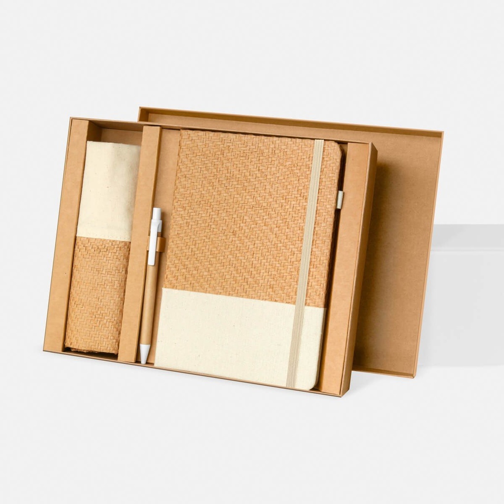 Set promocional de cartón y algodón con bolsa tipo tote y libreta con cierre elástico – BT-ARO-0059