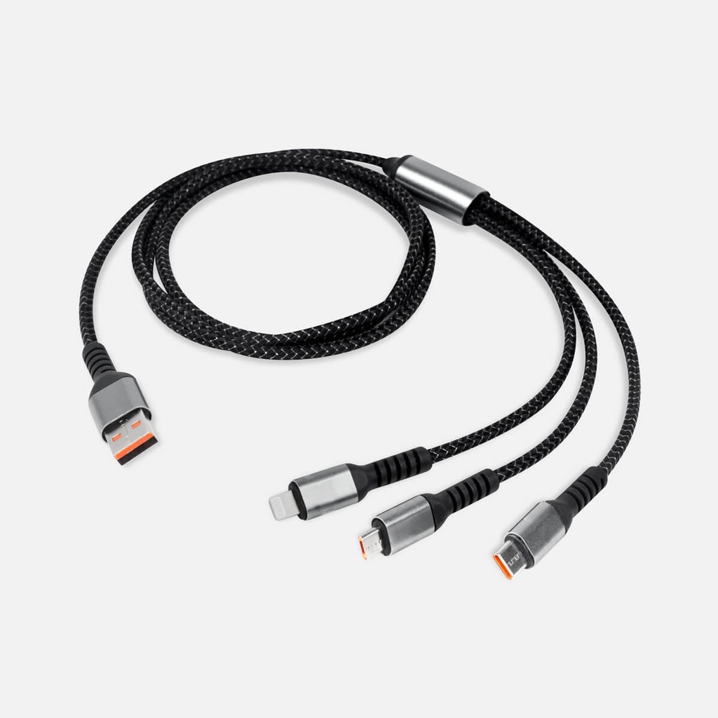 Cable cargador promocional de plástico y metal de 1.2 m con diseño trenzado y conexión 3 en 1 – BT-ACS-0035