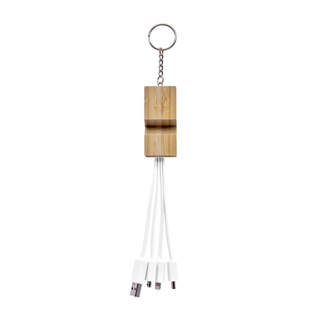 Cable cargador promocional de bambú y metal con llavero y soporte para smartphone – BT-ACS-0021