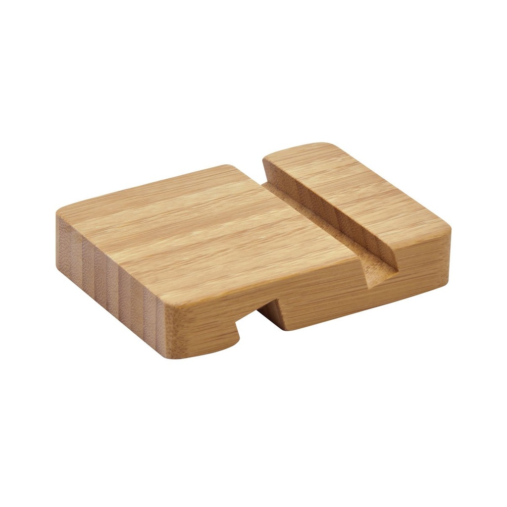 Base promocional de bambú para smartphone y tablet con dos ranuras de distinto grosor – BT-ACS-0022