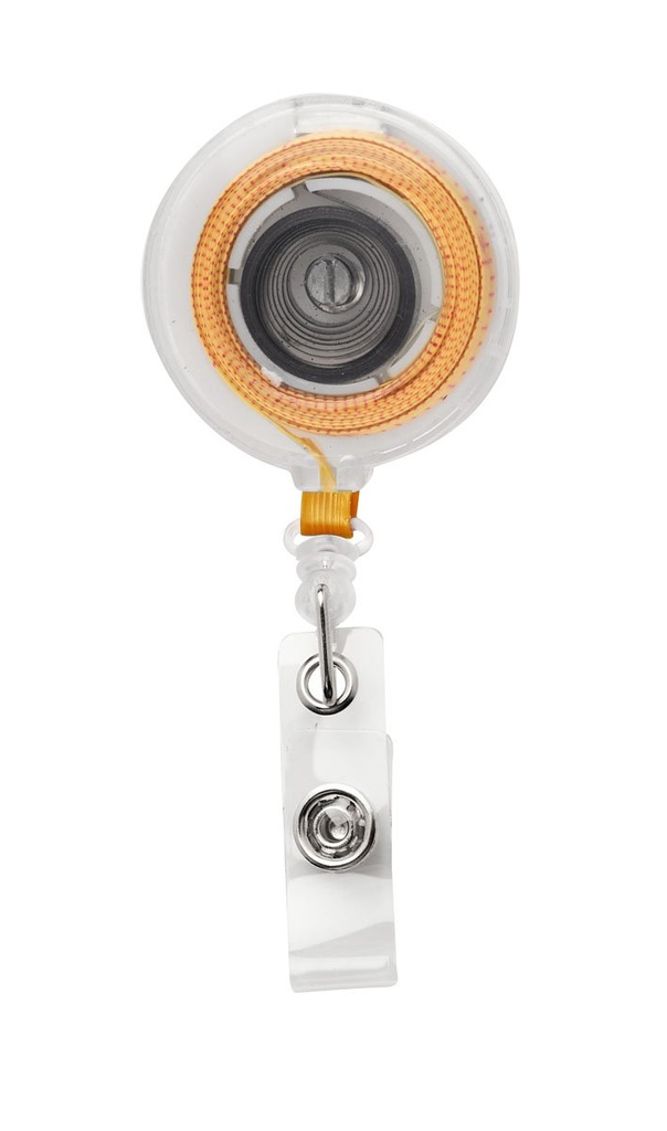 Identificador retráctil promocional de plástico con clip sujetador y cinta métrica de 100 cm – BT-ARO-0048