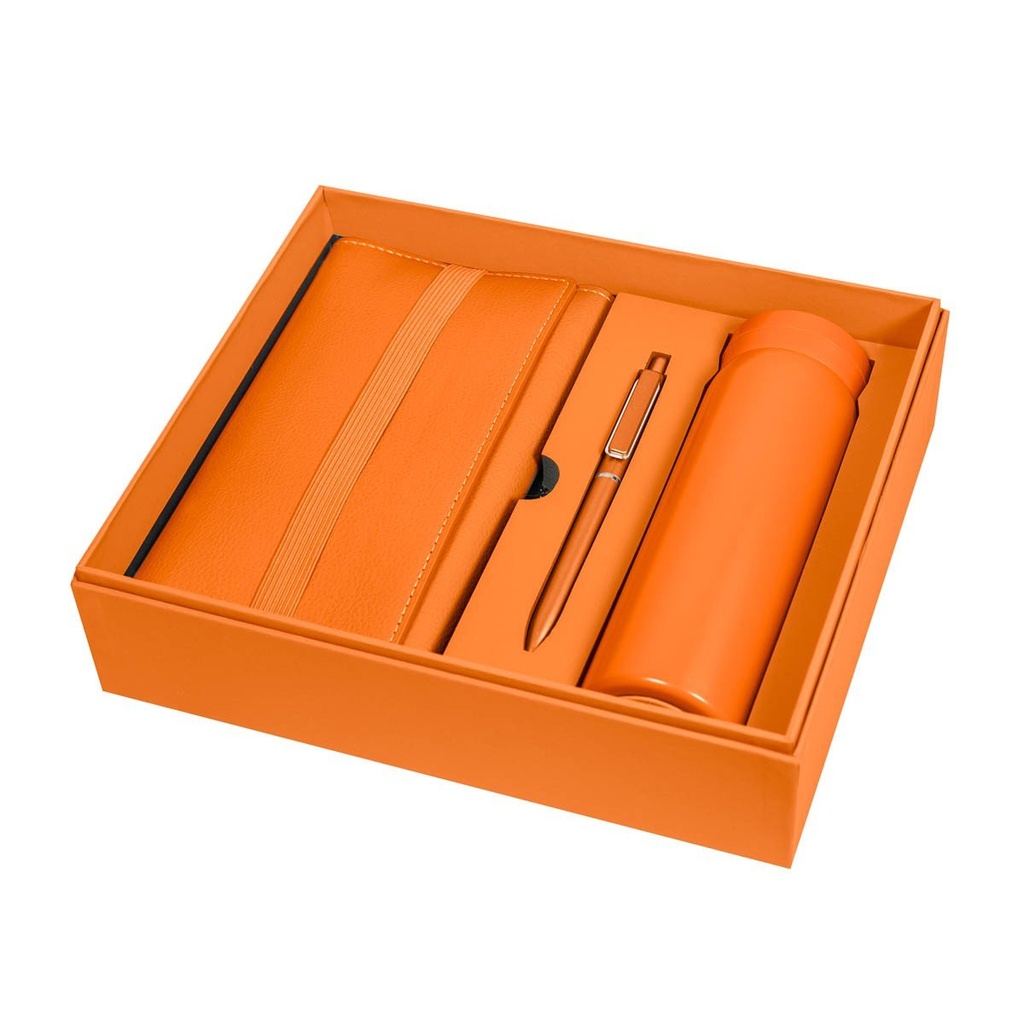 Set promocional de acero inoxidable y curpiel con termo de 300 ml y libreta de 70 hojas – BT-ARO-0056