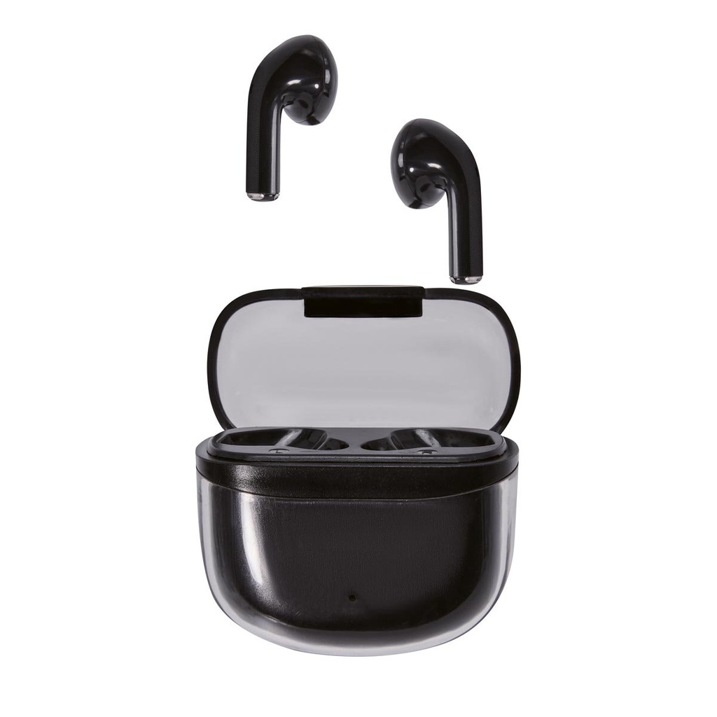 Audífonos promocionales inalámbricos de plástico con controles touch y estuche de carga – BT-AUD-0018