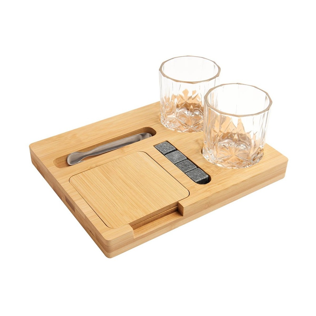 Set promocional para whisky de bambú, vidrio y granito con enfriadores y pinzas – BT-BAR-0024