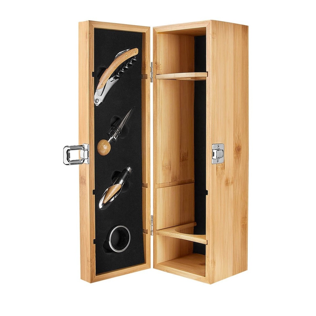Set promocional para vinos de bambú y metal con sacacorchos y tapón – BT-BAR-0014