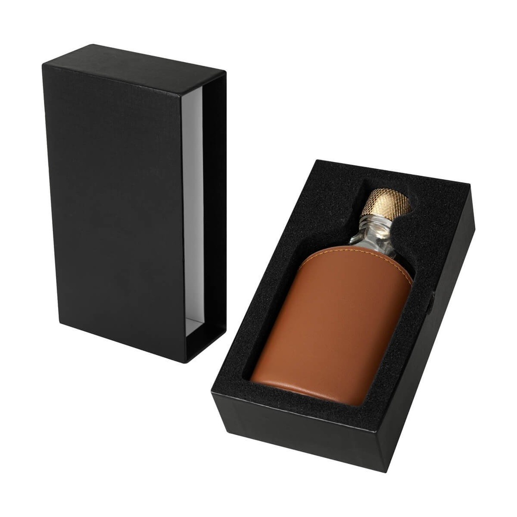 Petaca promocional de vidrio de 200 ml con funda de curpiel y tapa de rosca – BT-BAR-0036