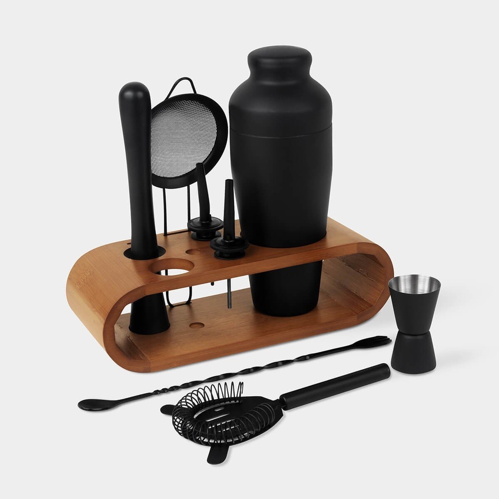 Set promocional de coctelería en acero inoxidable con base de bambú y dosificador doble – BT-BAR-0037