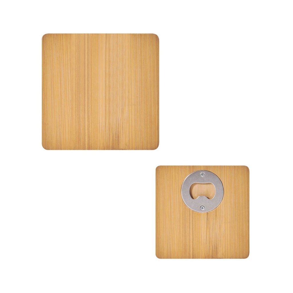 Posavasos promocional de bambú 9 x 9 cm con destapador integrado – BT-BAR-0018