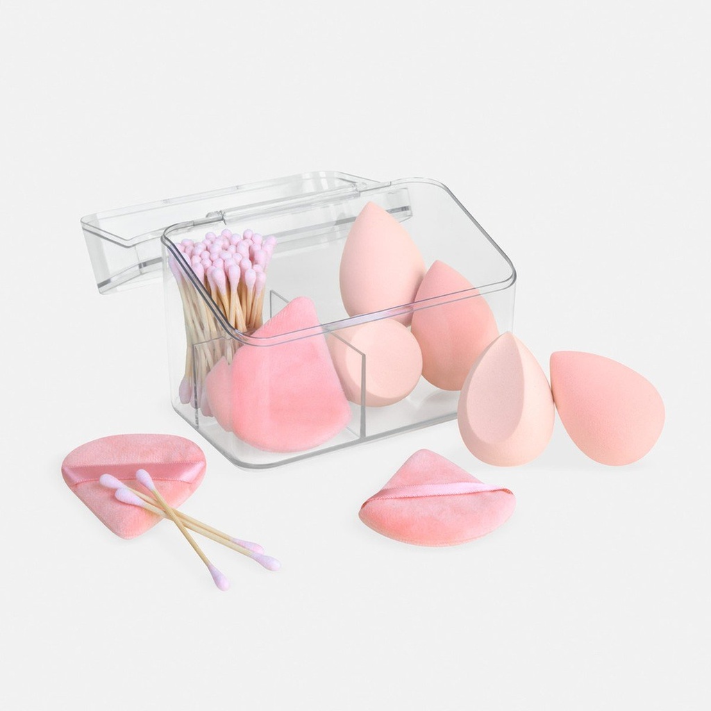 Set promocional de accesorios de maquillaje en estuche con esponjas y pufs – BT-BEL-0042