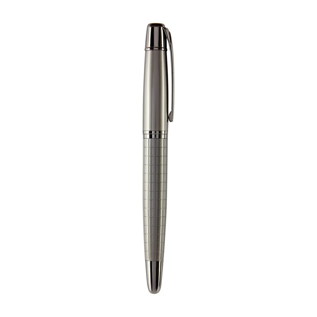 Bolígrafo promocional de acero inoxidable con tapón y punta roller ball – BT-BOM-0013