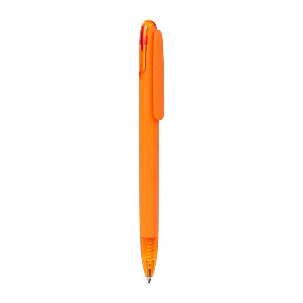 Bolígrafo promocional de plástico con acabado de hule y cuerpo bicolor translúcido – BT-BOP-0048