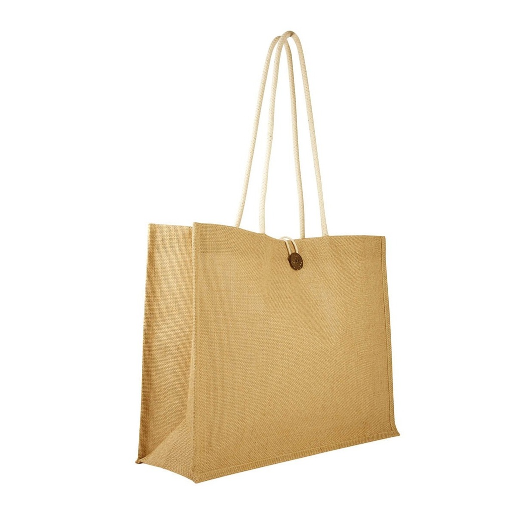 Bolsa promocional de yute con fuelle y botón de madera – BT-BOL-0016