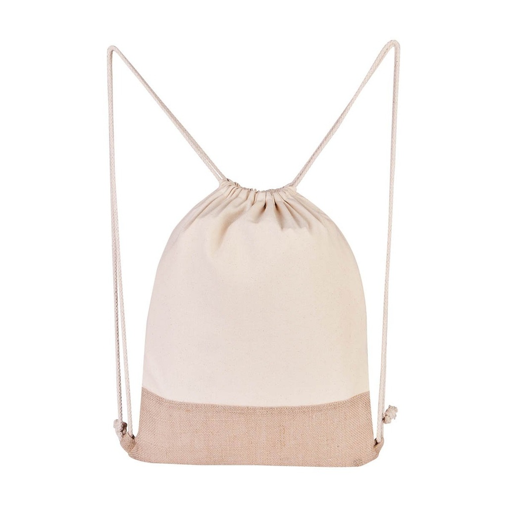 Bolsa-mochila promocional de algodón y yute con tirantes de cordón y cerrado de jareta – BT-BOL-0047