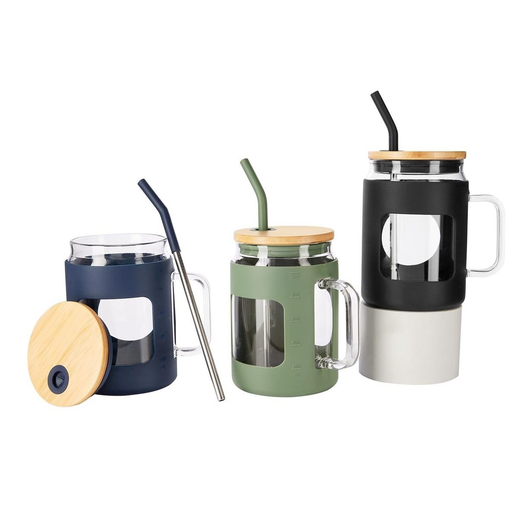 Cilindro promocional de vidrio de 1 L con manga de silicón graduada y popote metálico – BT-CIV-0003