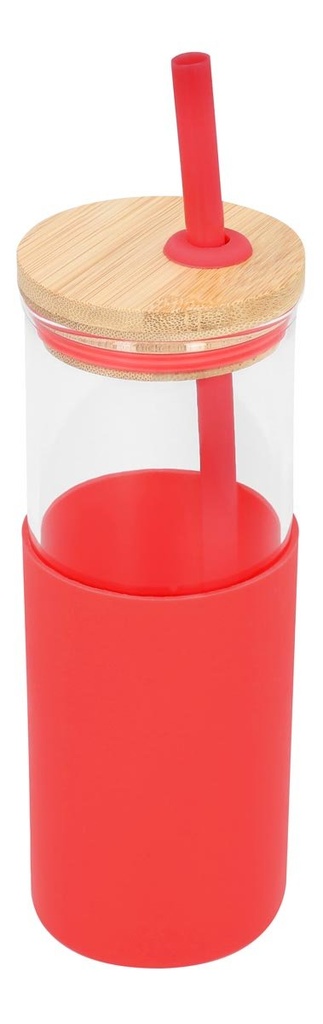 Cilindro promocional de vidrio de 500 ml con manga de silicón removible y tapa de bambú – BT-CIV-0005