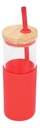 Cilindro promocional de vidrio de 500 ml con manga de silicón removible y tapa de bambú – BT-CIV-0005
