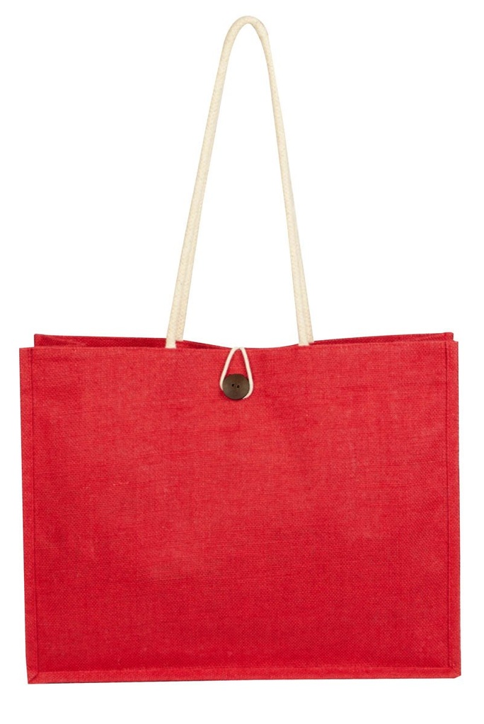 Bolsa promocional de yute con fuelle y botón de madera – BT-BOL-0029