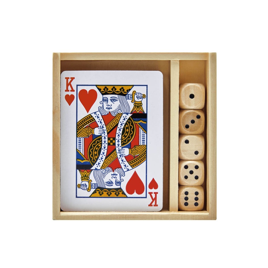 Set de mesa promocional de madera de pino con baraja y dados – BT-ENT-0016