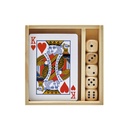Set de mesa promocional de madera de pino con baraja y dados – BT-ENT-0016