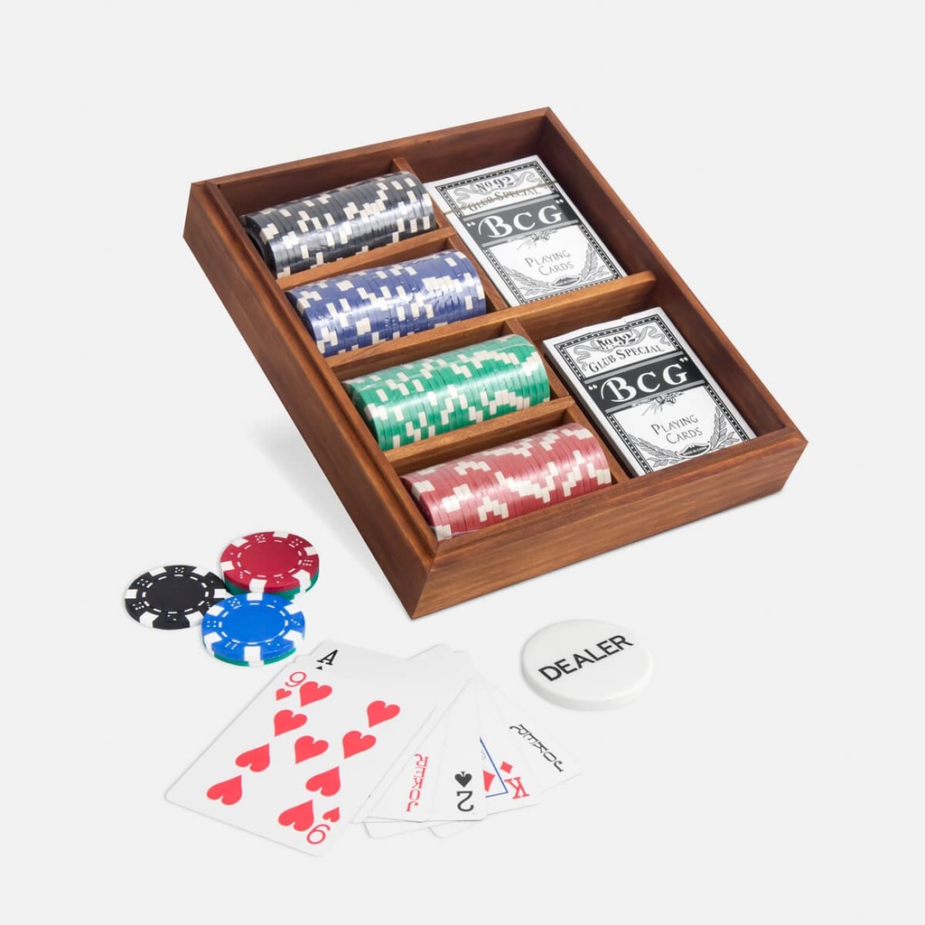Set de juego de cartas promocional de madera de pino 22 x 19 x 5 cm con fichas y barajas incluidas – BT-ENT-0022
