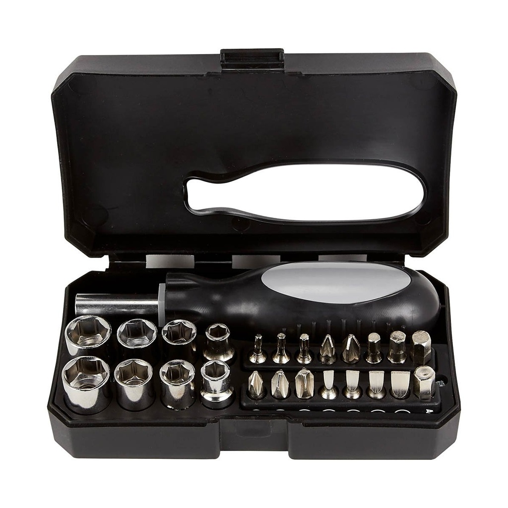 Kit multiusos promocional de plástico y acero con desarmador de 16 puntas y 8 dados – BT-HER-0014