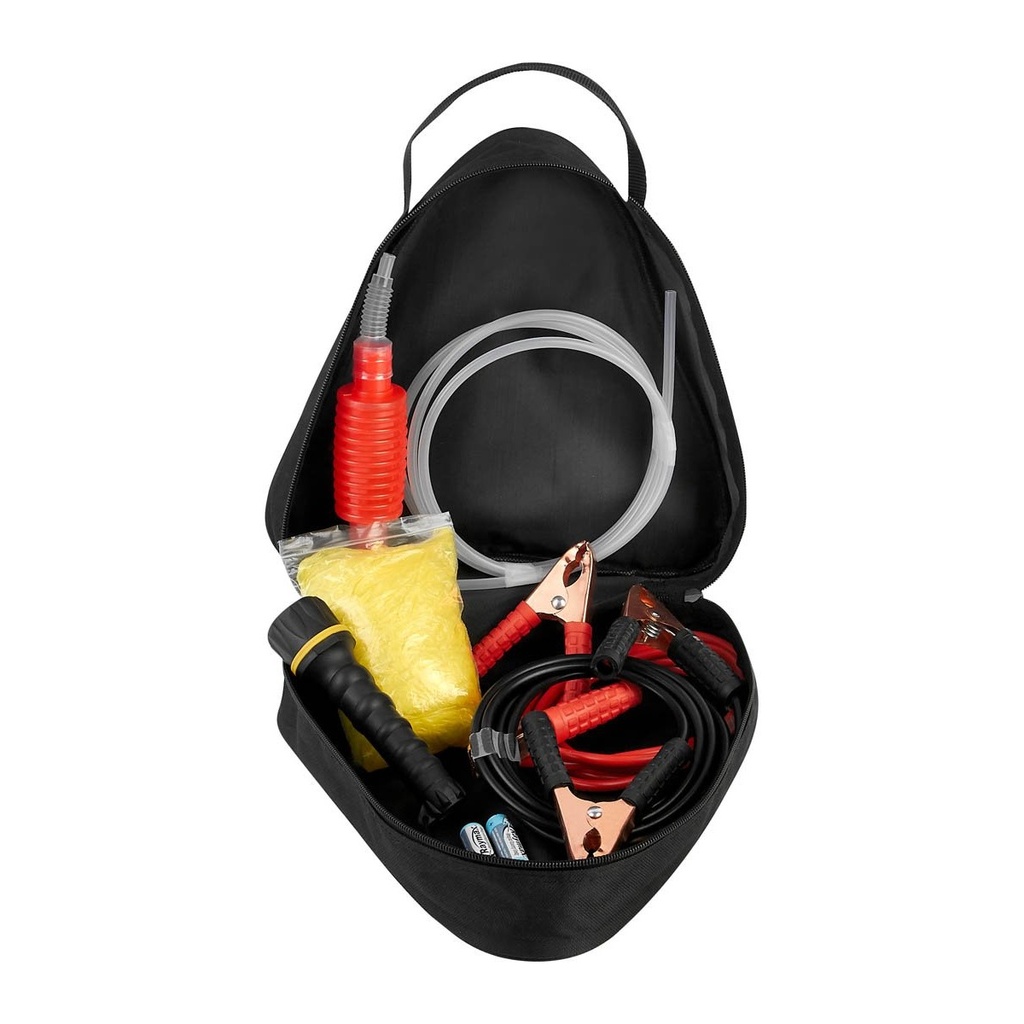 Kit de herramientas para auto promocional de tela con cables pasacorriente y linterna – BT-HER-0018