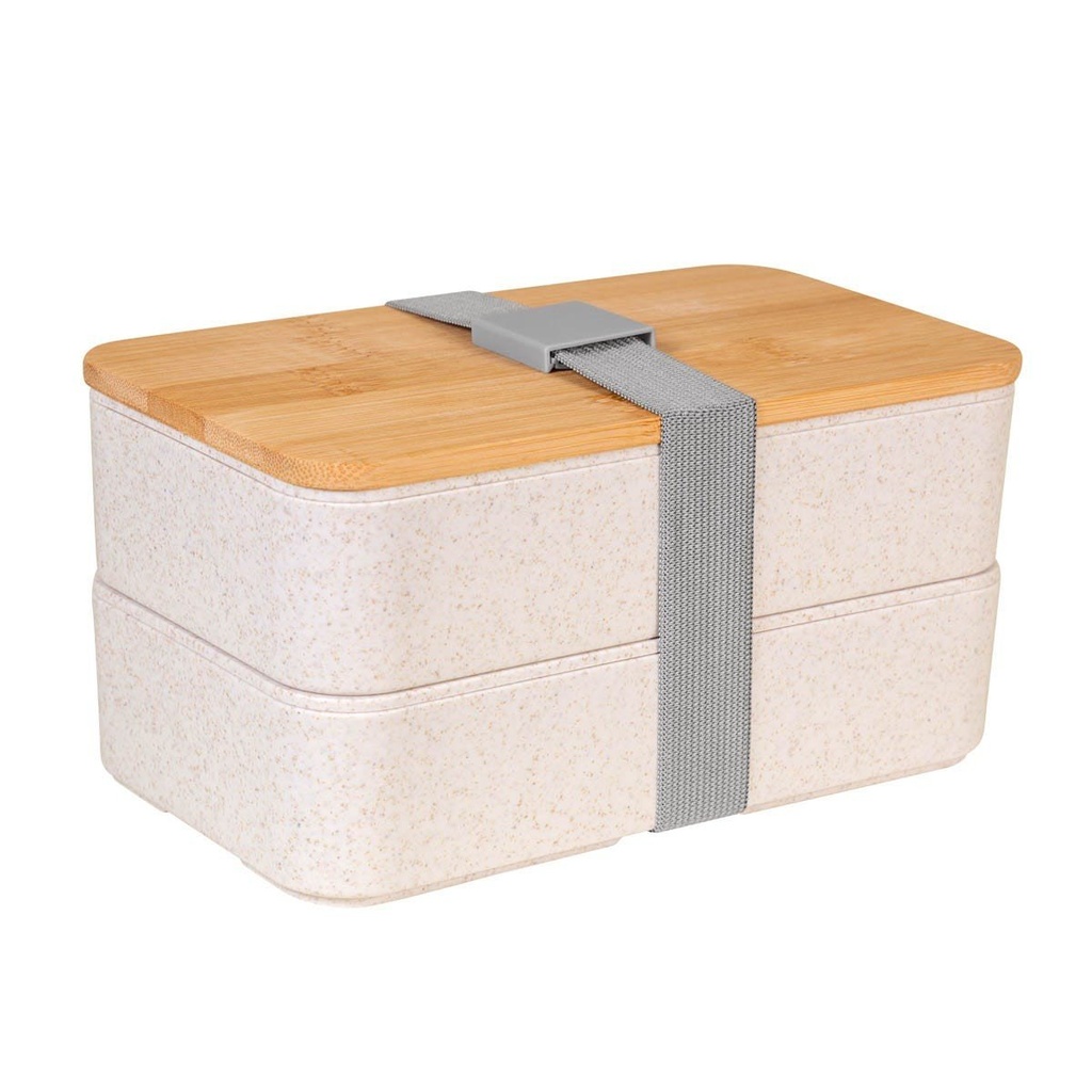 Contenedor de alimentos promocional de fibra de trigo 1 L con doble compartimento y tapa de bambú – BT-HIL-0018