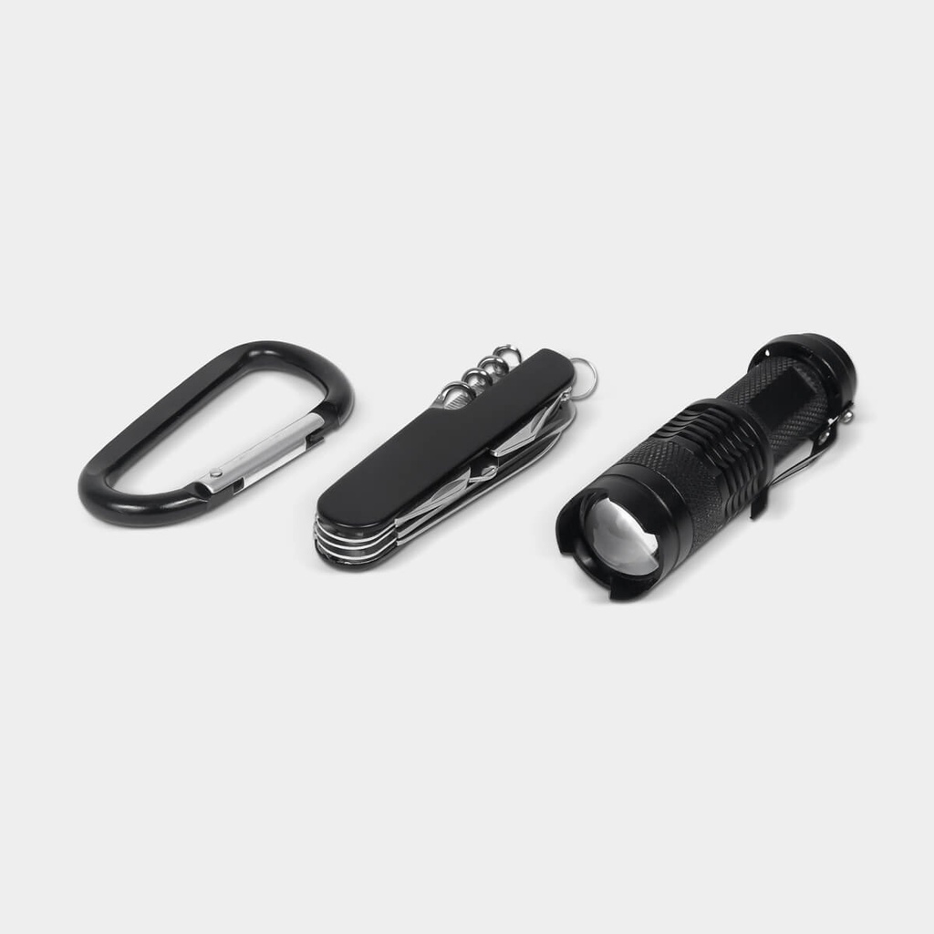 Set promocional de metal con navaja de 9 funciones y lámpara ajustable – BT-HER-0039