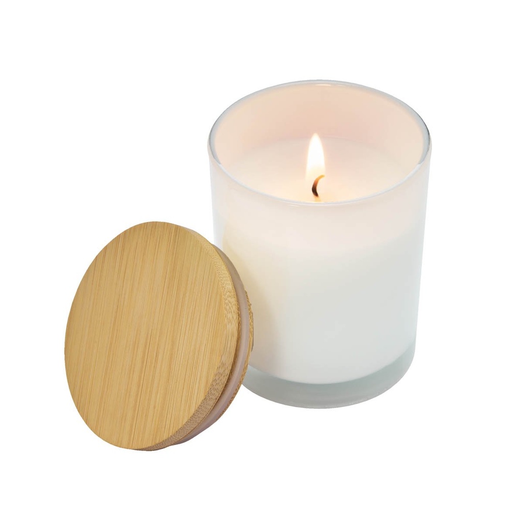 Candela promocional de vidrio 10.65 oz con tapa de bambú – BT-HOG-0029