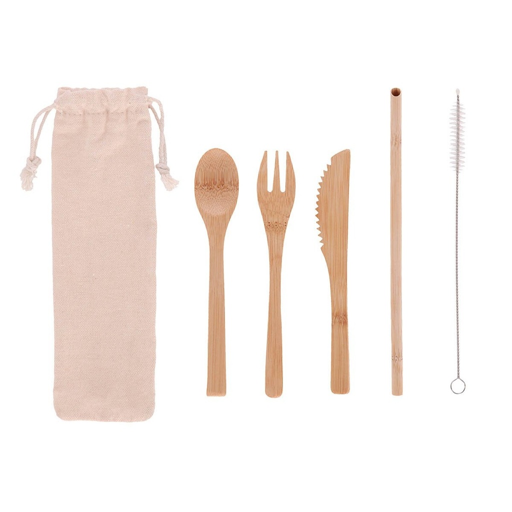 Set de utensilios promocional de bambú y acero inoxidable 6.7 x 21 cm con bolsa de algodón – BT-HOG-0021