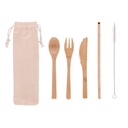Set de utensilios promocional de bambú y acero inoxidable 6.7 x 21 cm con bolsa de algodón – BT-HOG-0021