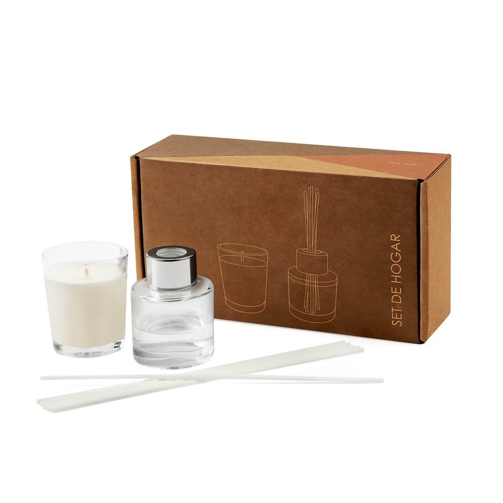 Set de vela y esencia aromática promocional de vidrio y cera de soya con varillas difusoras – BT-HOG-0041
