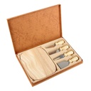 Set para quesos promocional de madera de caucho y metal 31 x 21.5 cm con tabla y estuche – BT-HOG-0054