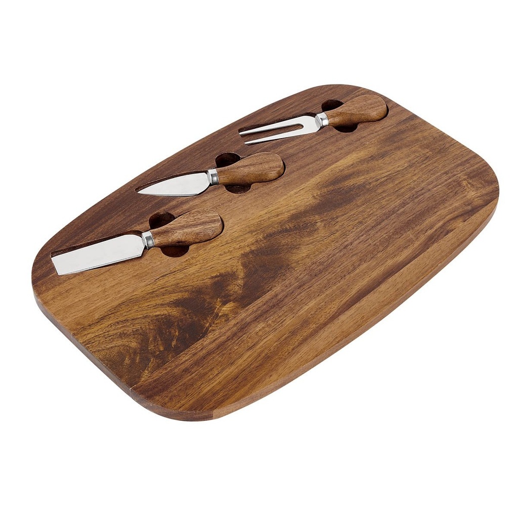 Set para quesos promocional de madera de acacia y metal 35.8 x 22.6 cm con tabla y cuchillos – BT-HOG-0056