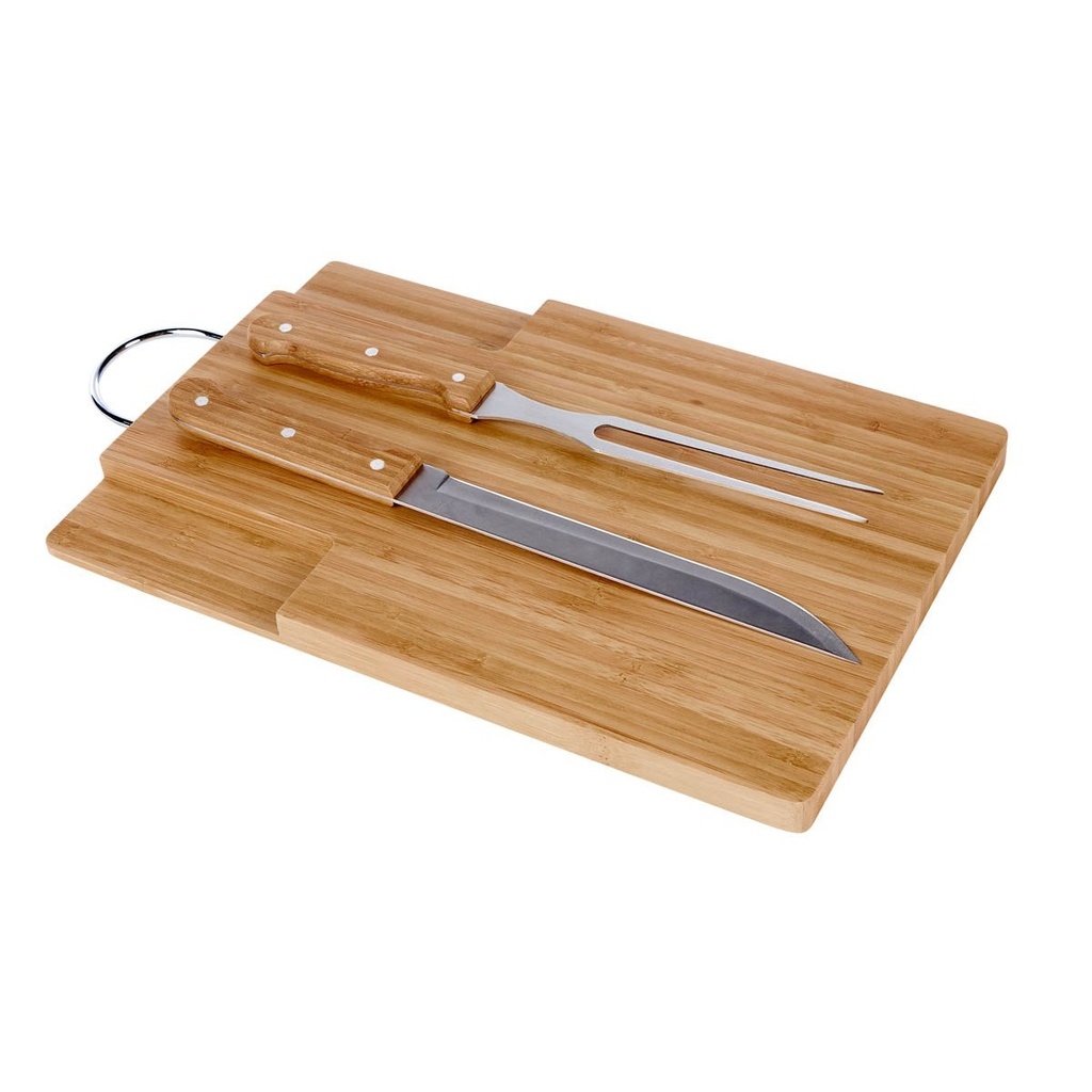 Set de cocina promocional de bambú y metal 39.8 x 23 cm con cuchillo y tenedor – BT-HOG-0057