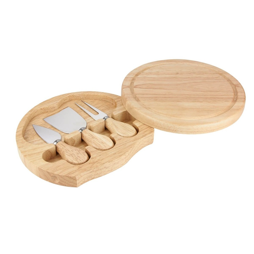 Set para quesos promocional de madera de caucho y metal 19 cm de diámetro con base deslizable – BT-HOG-0058