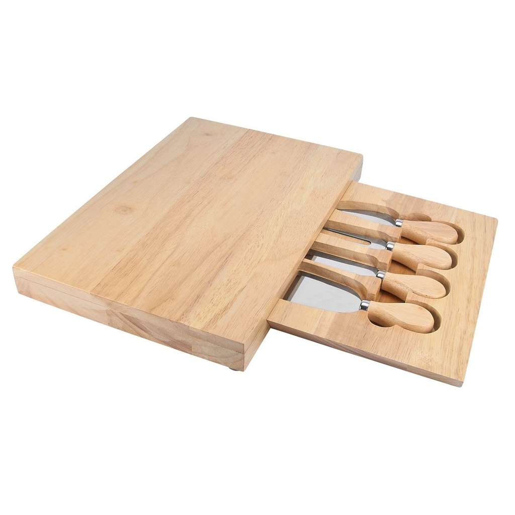 Set para quesos promocional de madera de caucho y acero inoxidable 21 x 32 cm con base deslizable – BT-HOG-0059