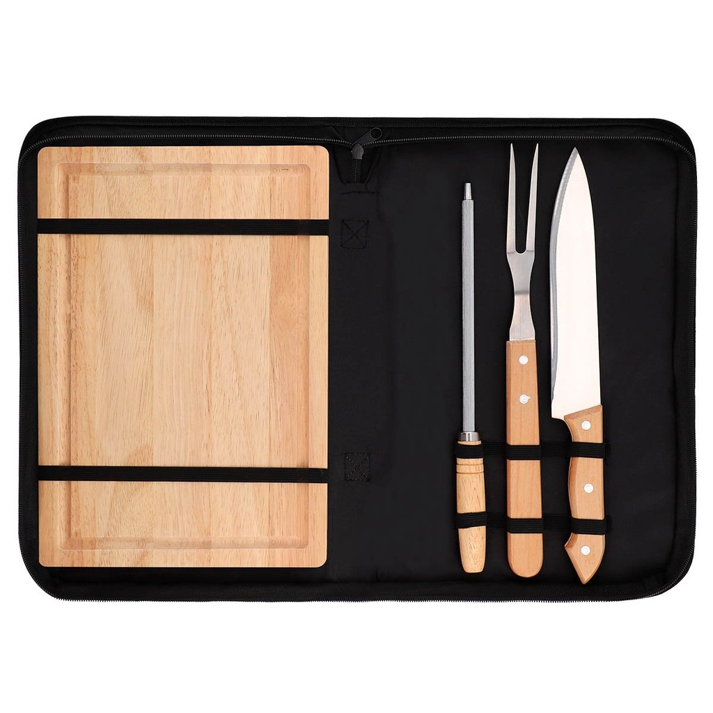 Maletín de utensilios promocional de madera, metal y poliéster 39 x 24 cm con tabla y afilador – BT-HOG-0060