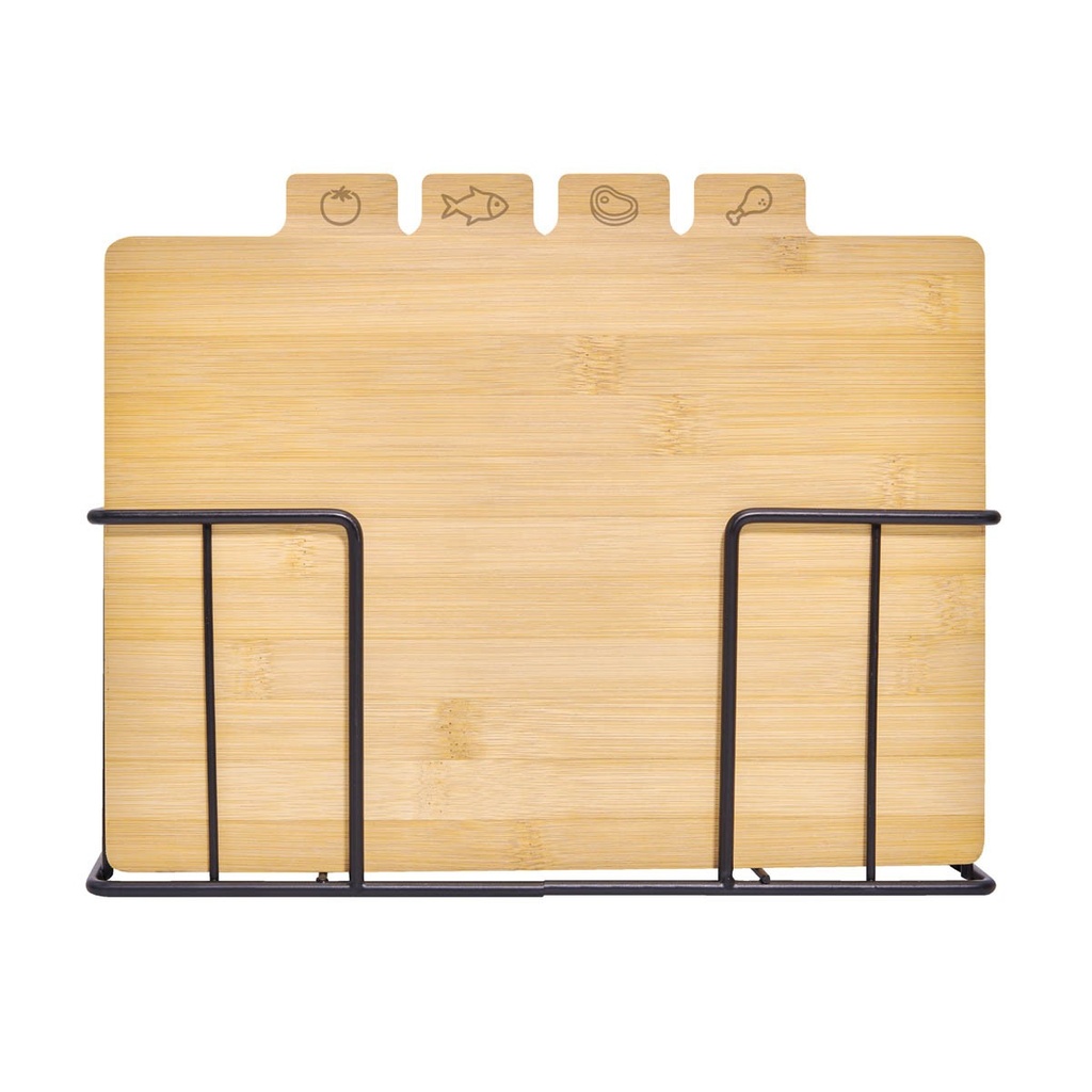 Set de bases para cortar promocional de bambú y metal 29 x 23 x 7 cm con soporte metálico – BT-HOG-0063