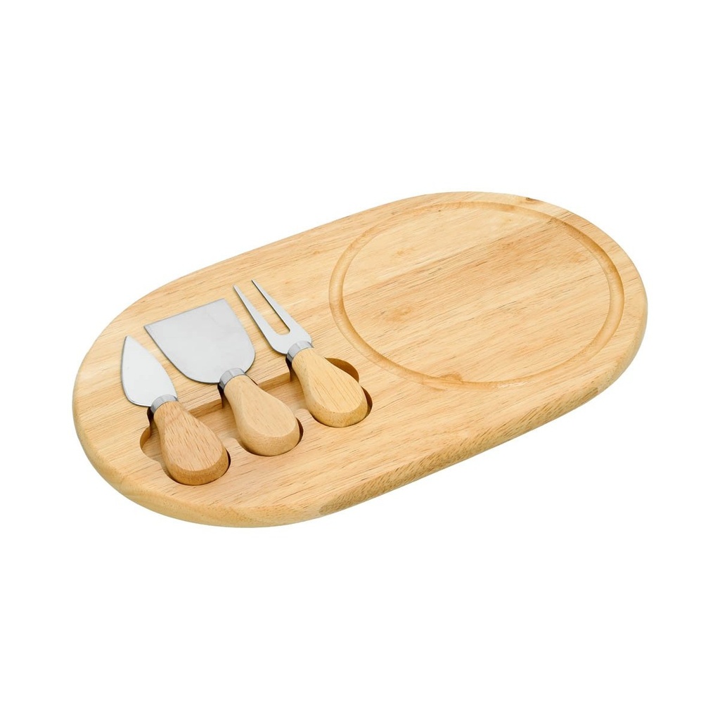 Set para quesos promocional de madera de caucho y metal 29.5 x 19.5 cm con cuchillos y tenedor – BT-HOG-0065
