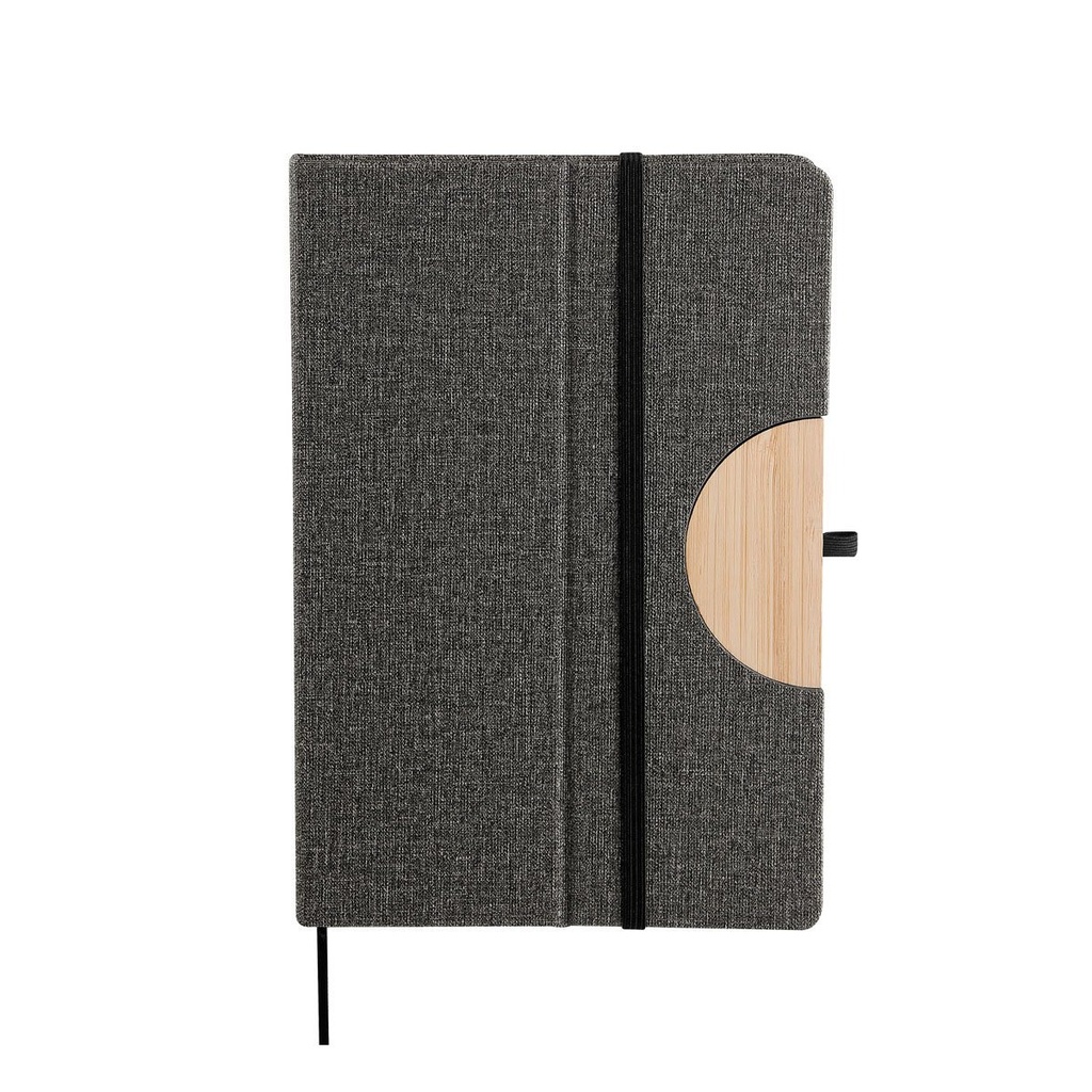 Libreta promocional de curpiel y bambú 14.5 x 21.3 cm con base plegable para smartphone – BT-LIB-0060