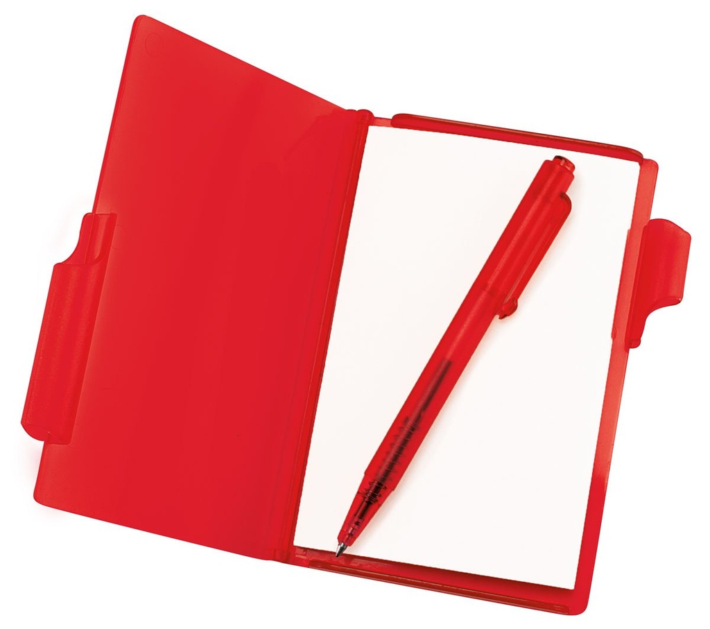 Libreta promocional de plástico con 60 hojas y bolígrafo incluido – BT-LIB-0023