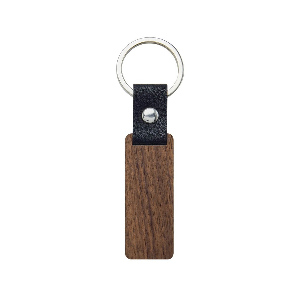 Llavero promocional de madera de nogal y metal con tira de curpiel – BT-LLM-0033