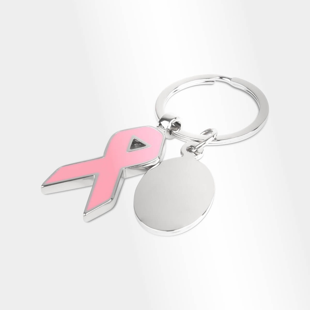 Llavero promocional de metal con diseño de listón rosa y placa grabable – BT-LLM-0050