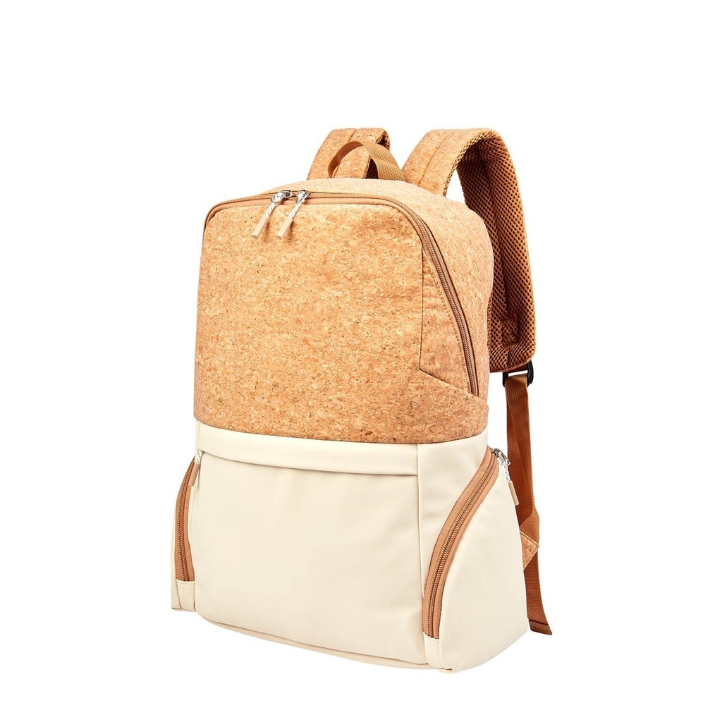 Mochila promocional de curpiel con detalles en corcho y espacio para laptop – BT-MOC-0040